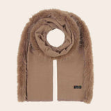 Beige scarf with fluffy edges on a beige background
