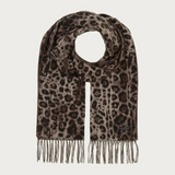 A leopard print scarf with fringe detailing, displayed on a clean, light off-white background. The pattern consists of dark brown and black spots on a warm taupe-brown base, with a small FRAAS logo tag visible near the bottom right edge.