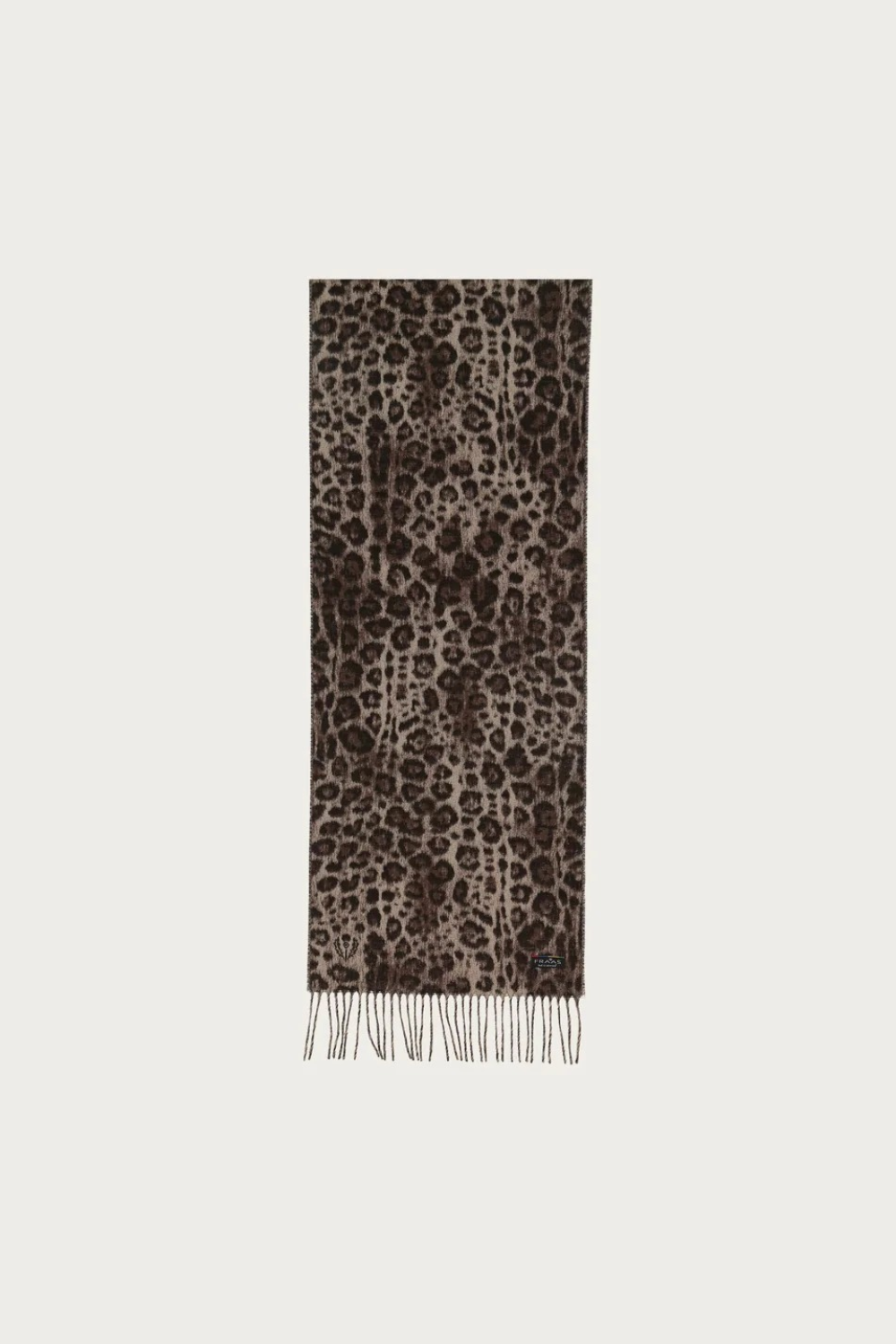 A vertical scarf with an all-over leopard print pattern in brown, beige, and black, finished with fringe at the bottom, shown against a solid off-white background.