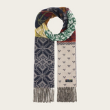 A multi coloured winter themed scarf photographed against a light backdrop.