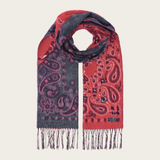 A red and grey paisley scarf, with fringe, photographed against a light background.