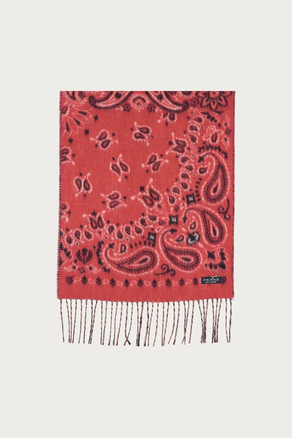 A red and grey paisley scarf, with fringe, photographed against a light background.
