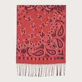 A red and grey paisley scarf, with fringe, photographed against a light background.