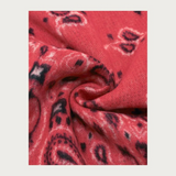 Close up of a red and grey paisley scarf photographed against a light background.