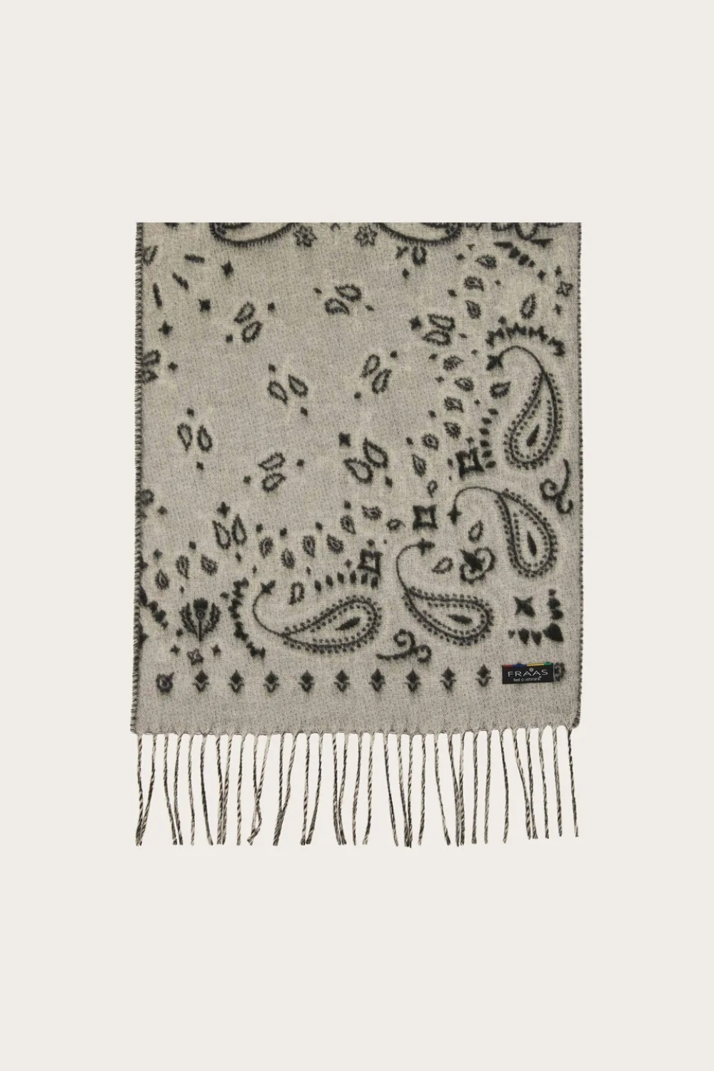 A grey and paisley scarf, with fringe, photographed against a light background.