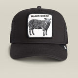 A black trucker-style cap with a white rectangular patch on the front featuring a black sheep illustration and the text 'BLACK SHEEP'.
