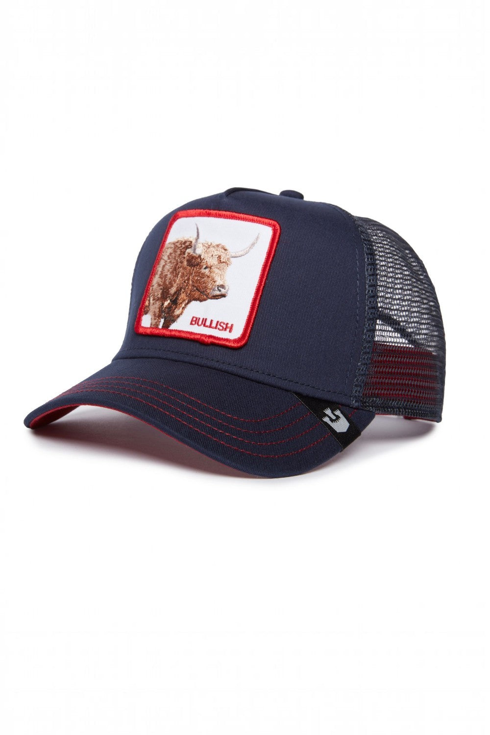 A navy blue trucker hat with a mesh back, featuring a rectangular front patch with a brown bull illustration and the word 'BULLISH' in red text, shown on a plain white background.