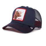 A navy blue trucker hat with a mesh back, featuring a rectangular front patch with a brown bull illustration and the word 'BULLISH' in red text, shown on a plain white background.
