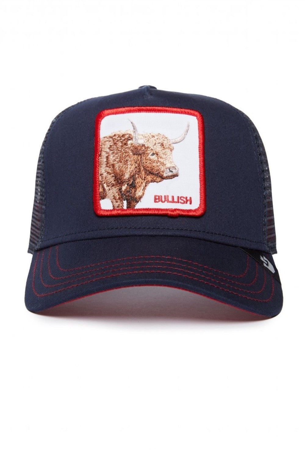 A navy blue trucker hat with a rectangular front patch featuring a brown bull illustration and the word 'BULLISH' in red, set against a plain white background.