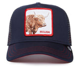 A navy blue trucker hat with a rectangular front patch featuring a brown bull illustration and the word 'BULLISH' in red, set against a plain white background.