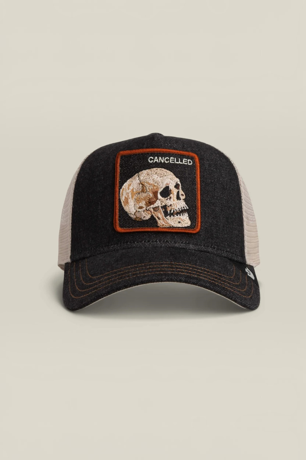 Black denim keeps it grounded while the skull patch stamped CANCELED says what everyone’s thinking. This one’s already dead, so it can’t be killed twice. Dark wash, bone-white skull energy, and zero concern for public approval.