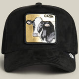 All black suede with a gold-backed cow patch that spells CASH, because subtlety doesn’t pay the bills. The black colorway keeps it serious while the cow patch quietly flexes dairy-farm-meets-bull-market energy. Calm face, heavy value, and zero interest in spare change.