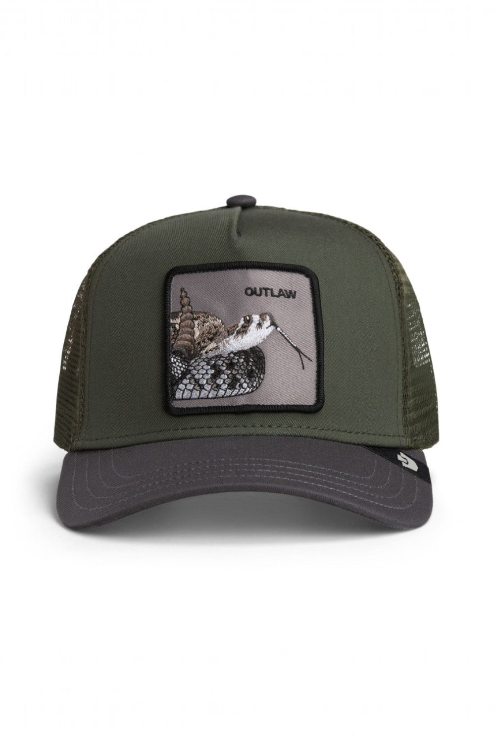 An olive green and dark gray trucker hat with a rectangular front patch featuring a butterfly and the word 'OUTLAW'.