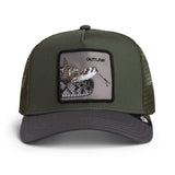 An olive green and dark gray trucker hat with a rectangular front patch featuring a butterfly and the word 'OUTLAW'.