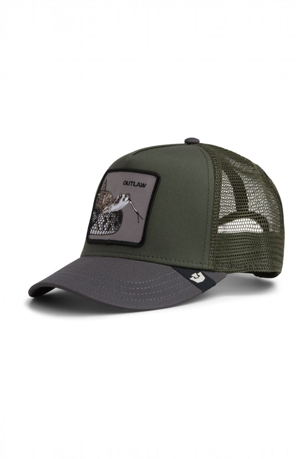 An olive green and dark gray trucker hat with a rectangular patch on the front displaying a hunting scene and the word 'OUTLAW'. The hat features a dark gray visor, dark gray mesh back panels, and a black button on top.