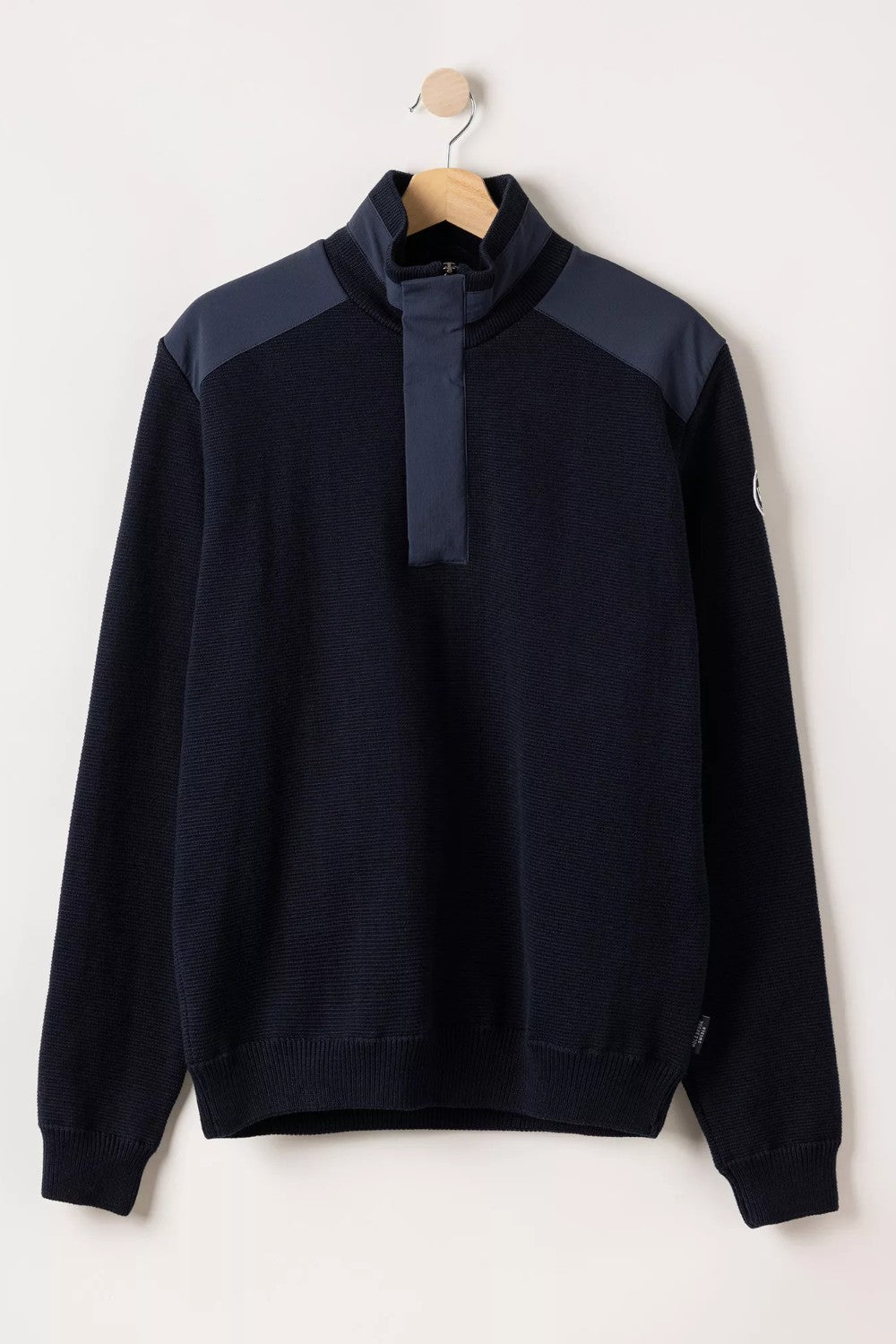 Navy blue sweatshirt with color block design on a white background