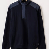 Navy blue sweatshirt with color block design on a white background