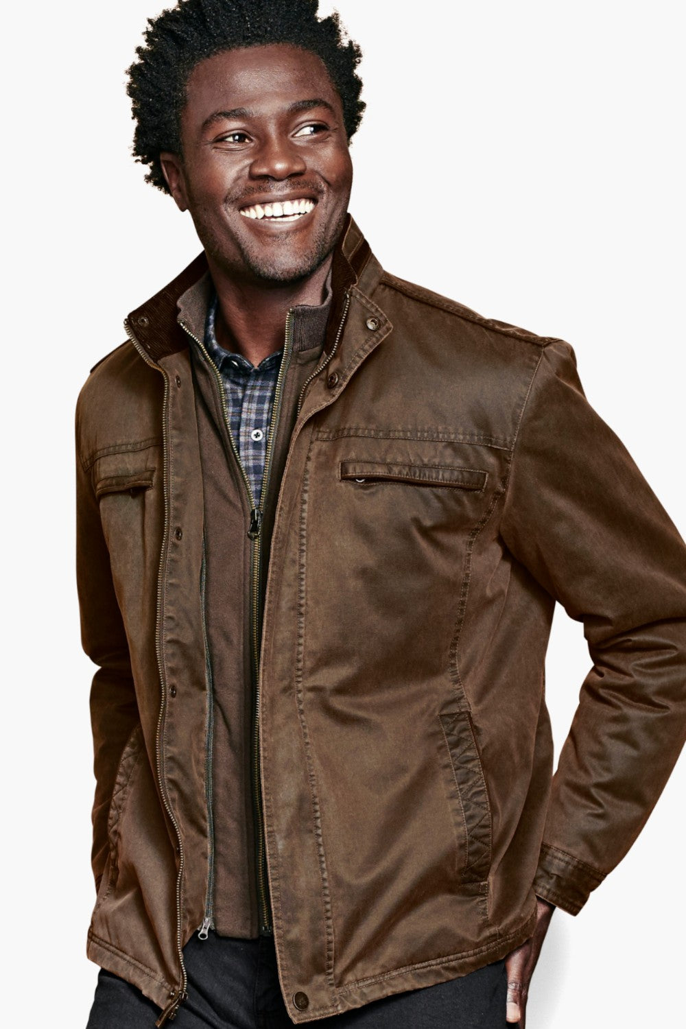 Add some vintage character to your wardrobe with the Johnston &amp; Murphy Antiqued Cotton Jacket. This specially washed jacket features a zip front with snap placket, removable fleece zip-up bib, and adjustable snap cuffs, all while keeping you warm and stylish with its fully lined interior.