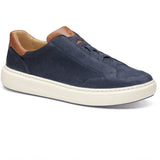 Navy blue sneaker with brown accents on a white background