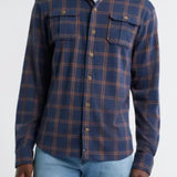 Person wearing a blue plaid shirt with a white background