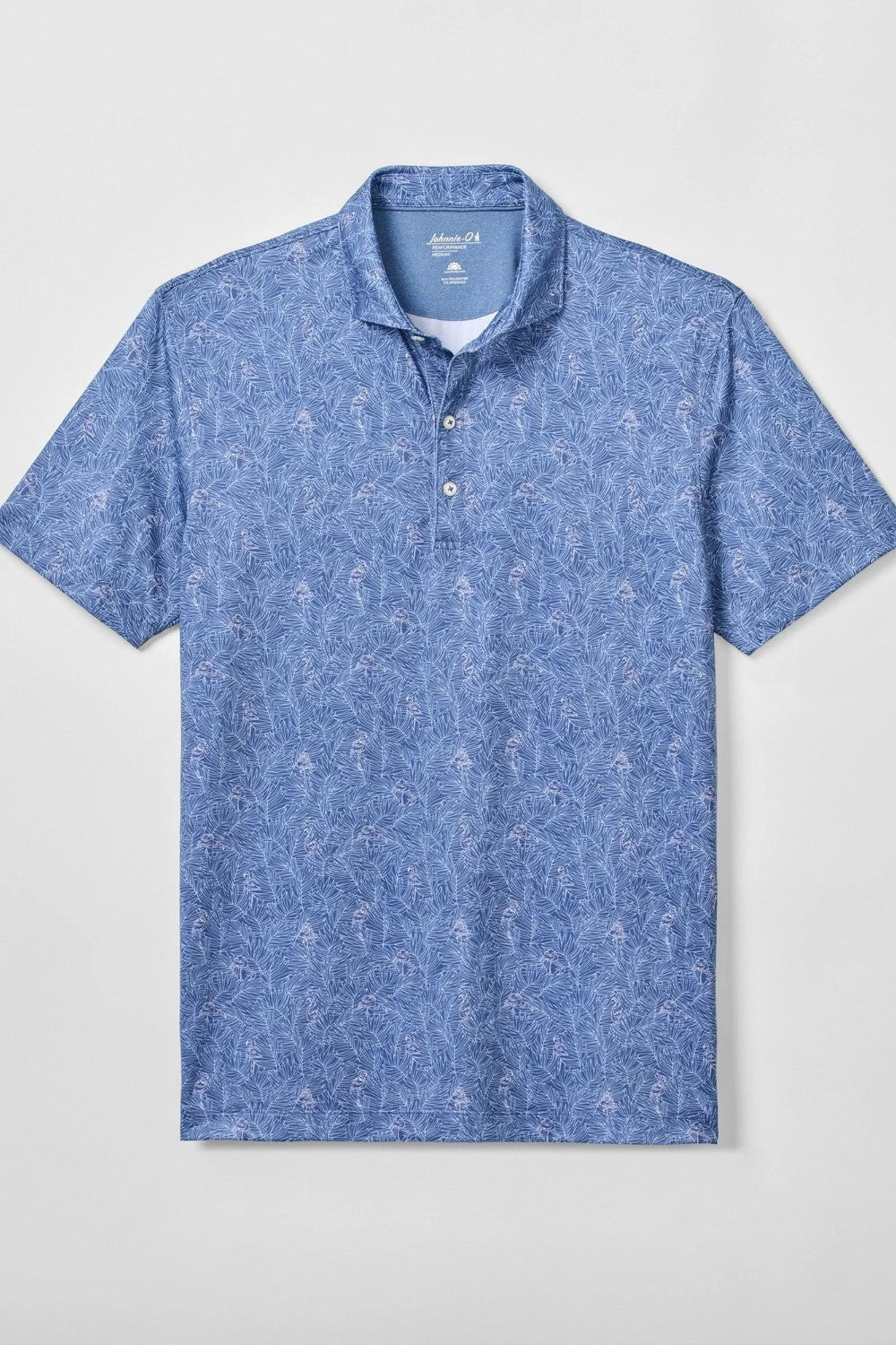 Blue patterned polo shirt on a light gray background