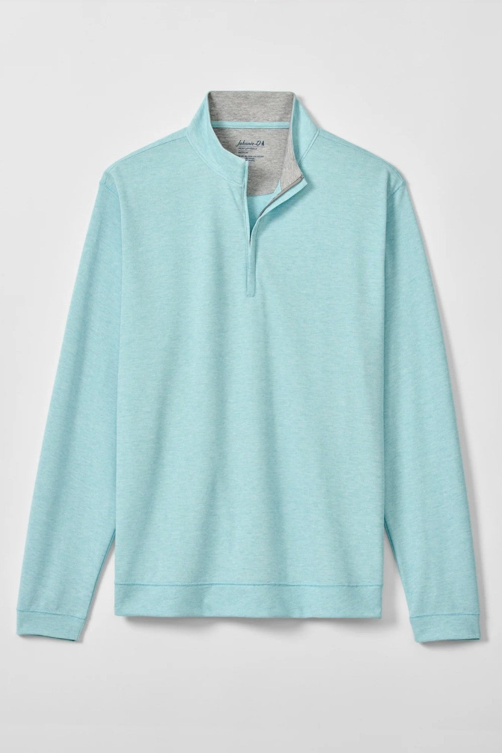 Light blue long-sleeve shirt with a quarter-zip on a light gray background