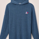 Blue hoodie with a logo on the chest against a light background