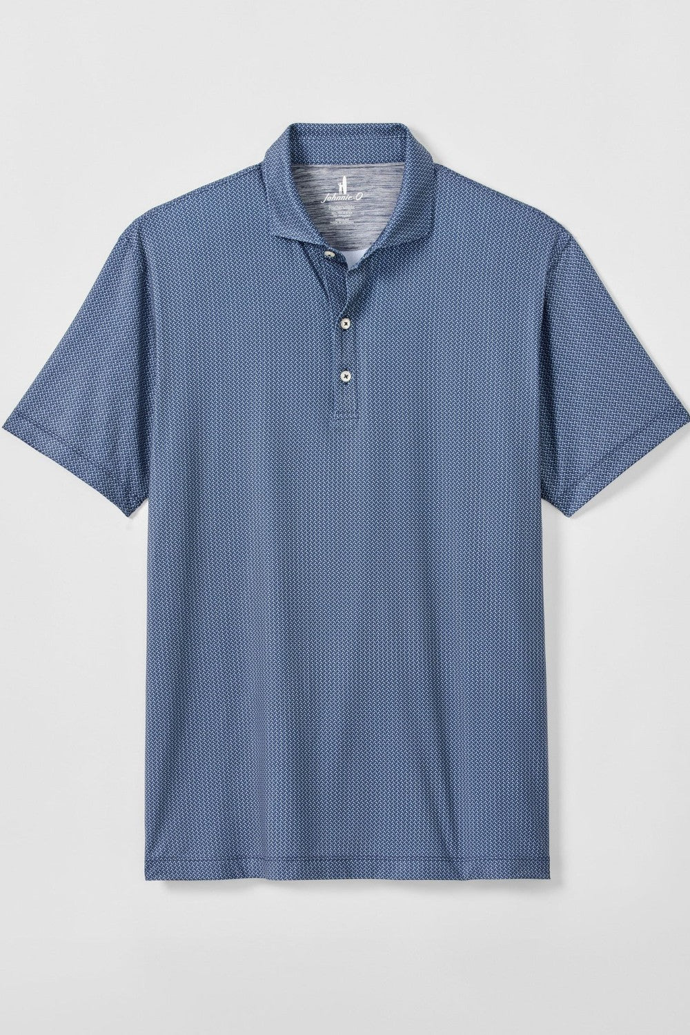 Blue textured polo shirt on a light gray background