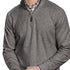 Man wearing a gray pullover with a plaid shirt underneath on a white background