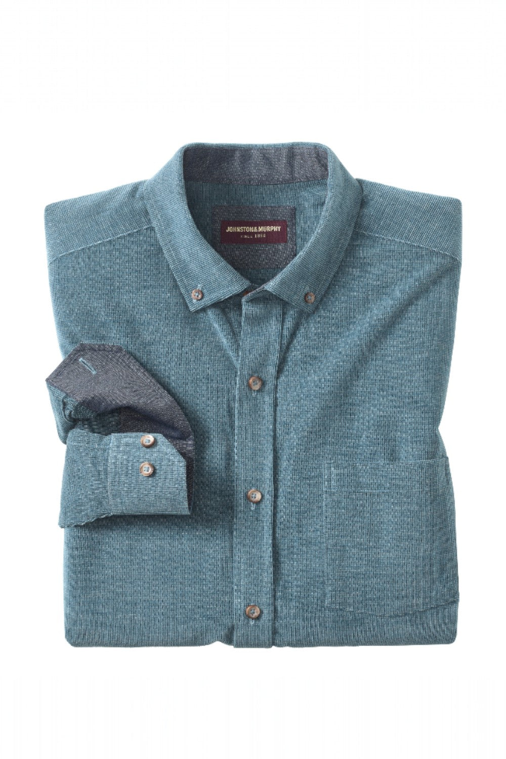 Folded blue shirt with a pocket square on a white background