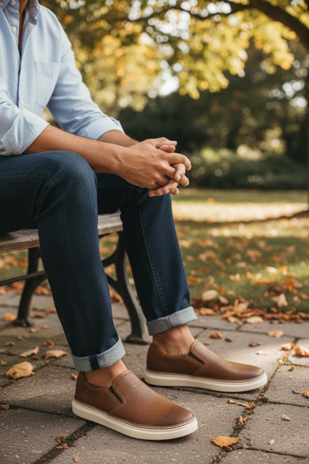 A person sitting on a bench outdoors wearing brown leather slip-on shoes with white soles, dark blue jeans, and a light blue button-up shirt, with a blurred park background.