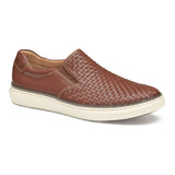 Brown woven slip-on shoe on a white background