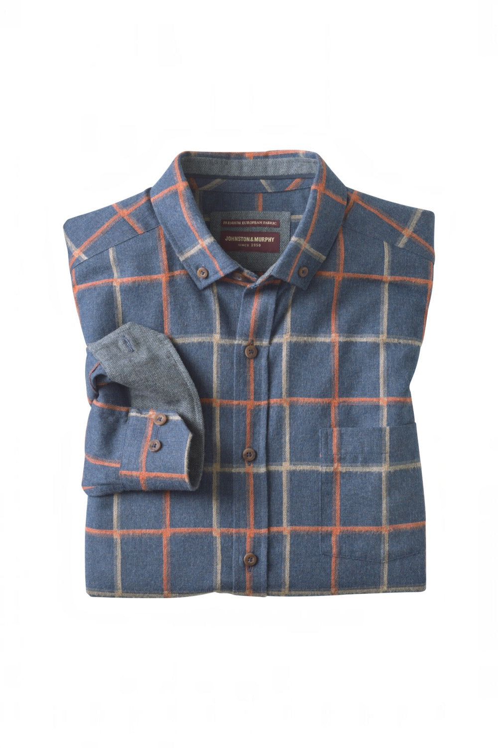 A folded blue denim shirt with a red and white plaid pattern, featuring a button-down front and a pocket, set against a plain white background.