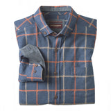 A folded blue denim shirt with a red and white plaid pattern, featuring a button-down front and a pocket, set against a plain white background.