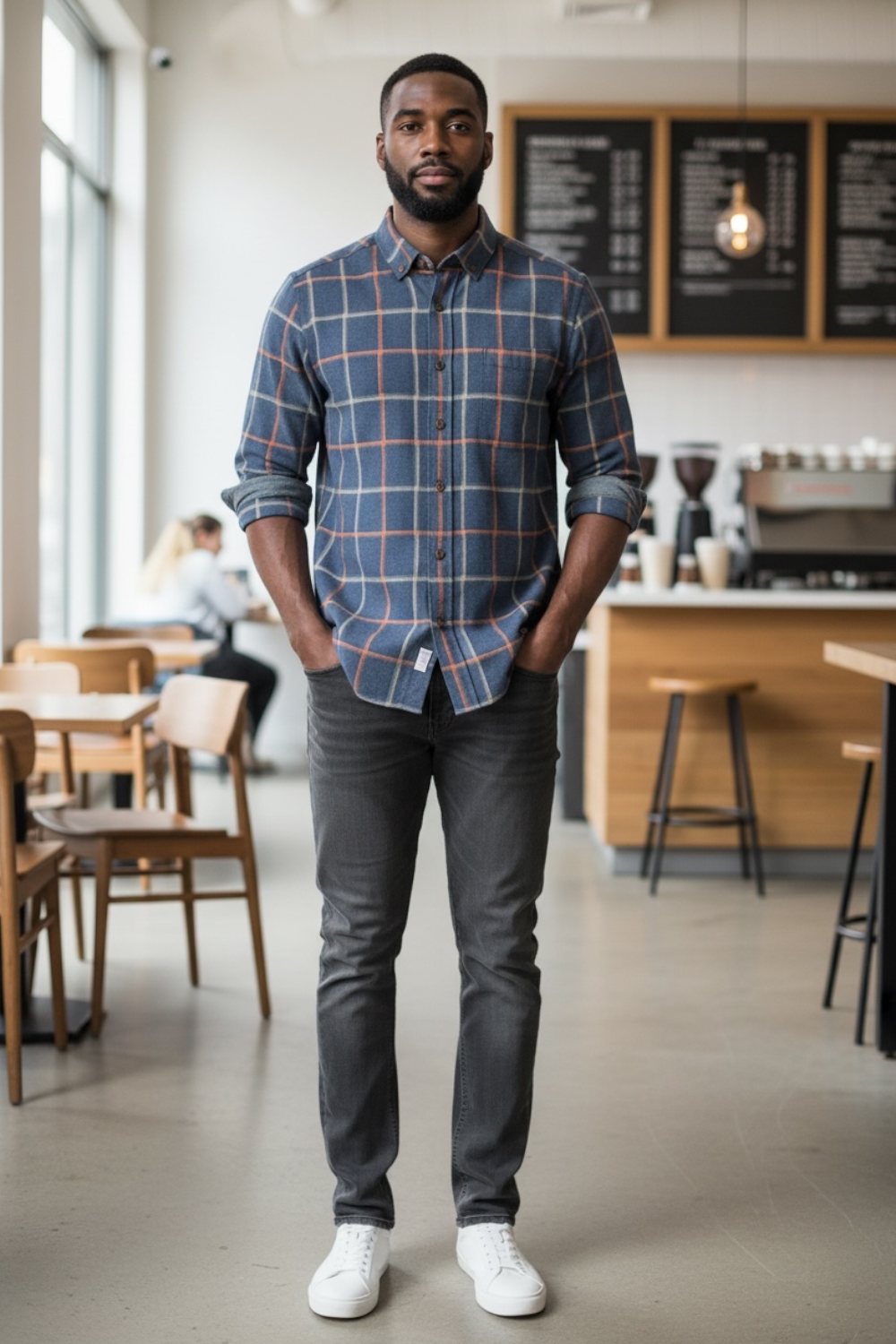A man stands in a bright cafe wearing a blue and red plaid button-down shirt, dark gray jeans, and white sneakers.