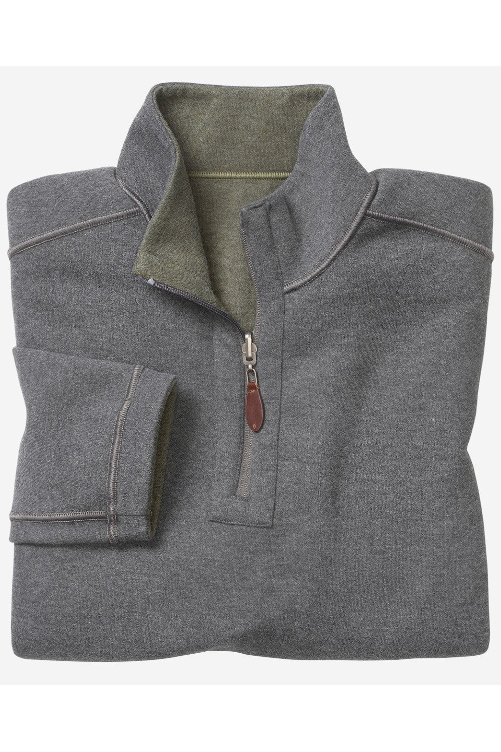 Switch up your style with this reversible quarter zip featuring a soft cotton-blend knit that flips from a solid colour to a coordinating heather shade. Complete with a leather-look pull and tonal cover-stitch details, this top is perfect for adding a touch of playfulness to your wardrobe. Keep it clean and carefree with a machine wash.