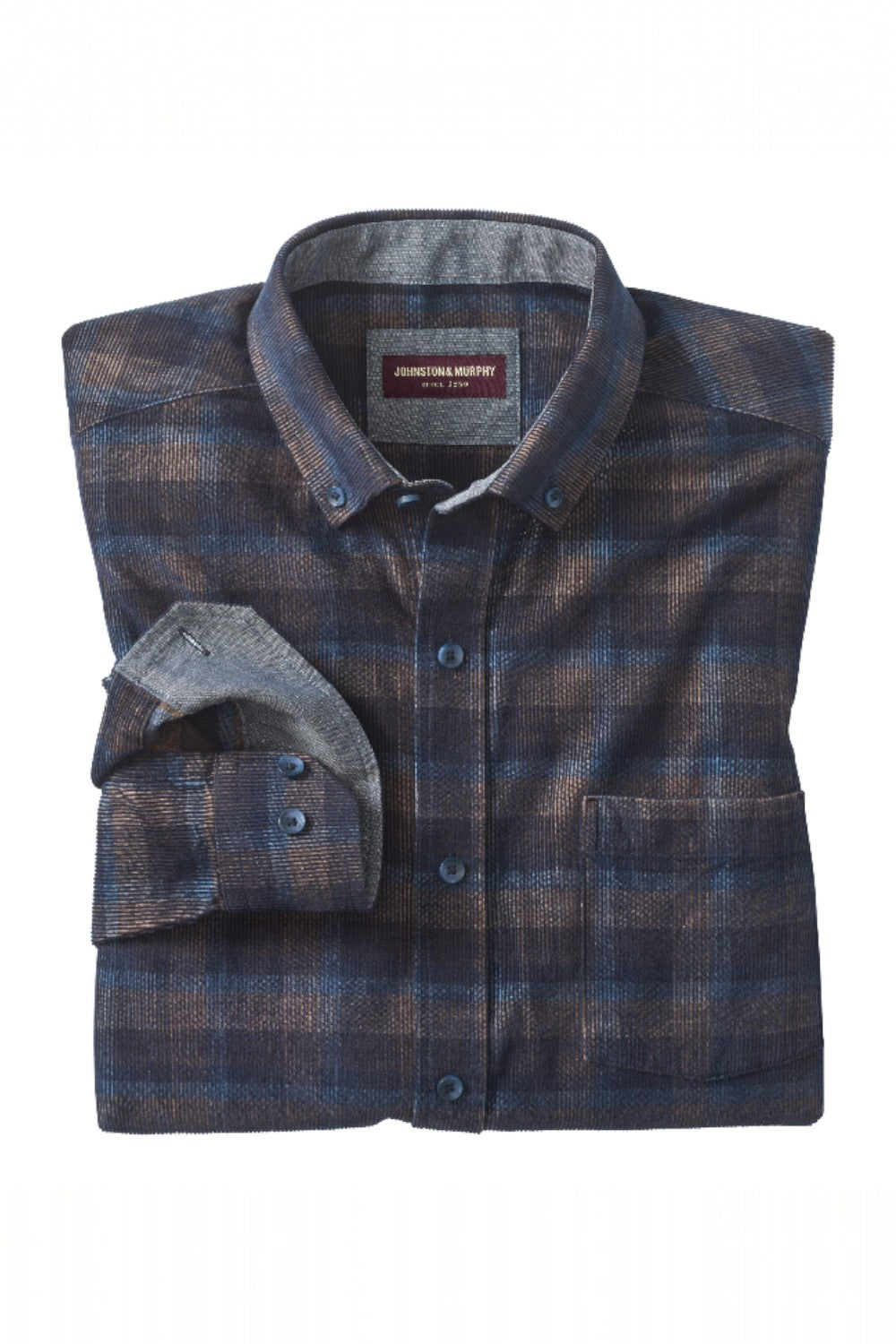 Folded plaid shirt with a visible brand label on a white background