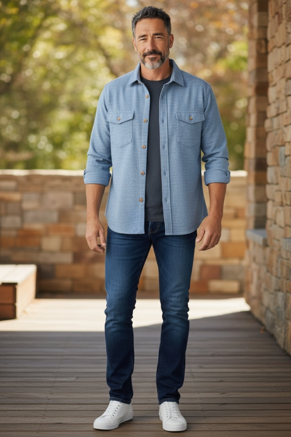 A man stands on a wooden deck wearing a light blue button-up shirt over a dark gray t-shirt, dark blue jeans, and white sneakers, with a stone wall and blurred greenery in the background.