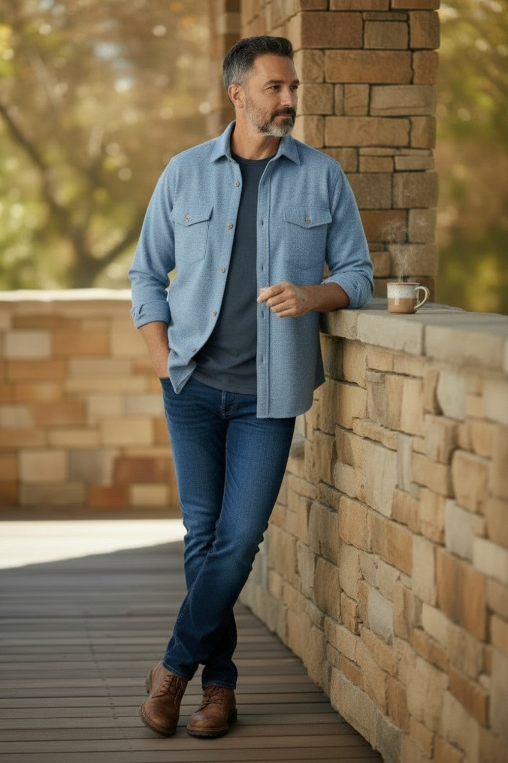 A man wearing a light blue button-down shirt over a dark gray t-shirt, blue jeans, and brown leather shoes, leaning against a stone wall on a wooden deck.