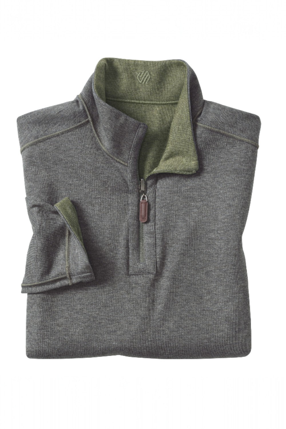 Folded gray pullover with green collar on a white background