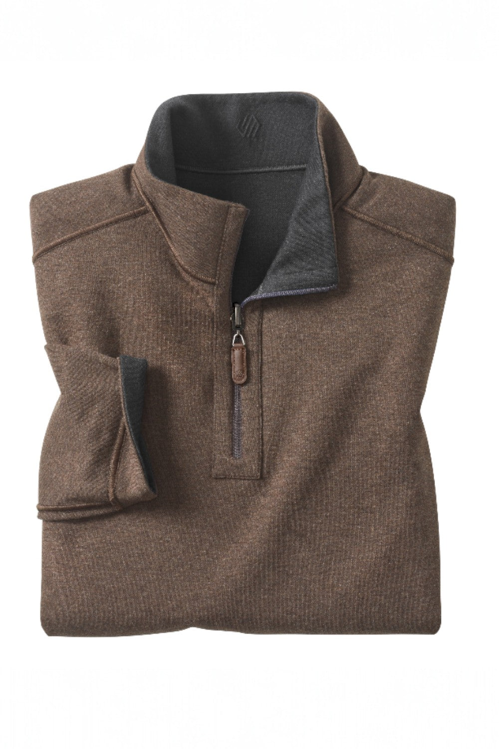 Folded brown vest with a black collar on a white background