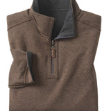 Folded brown vest with a black collar on a white background