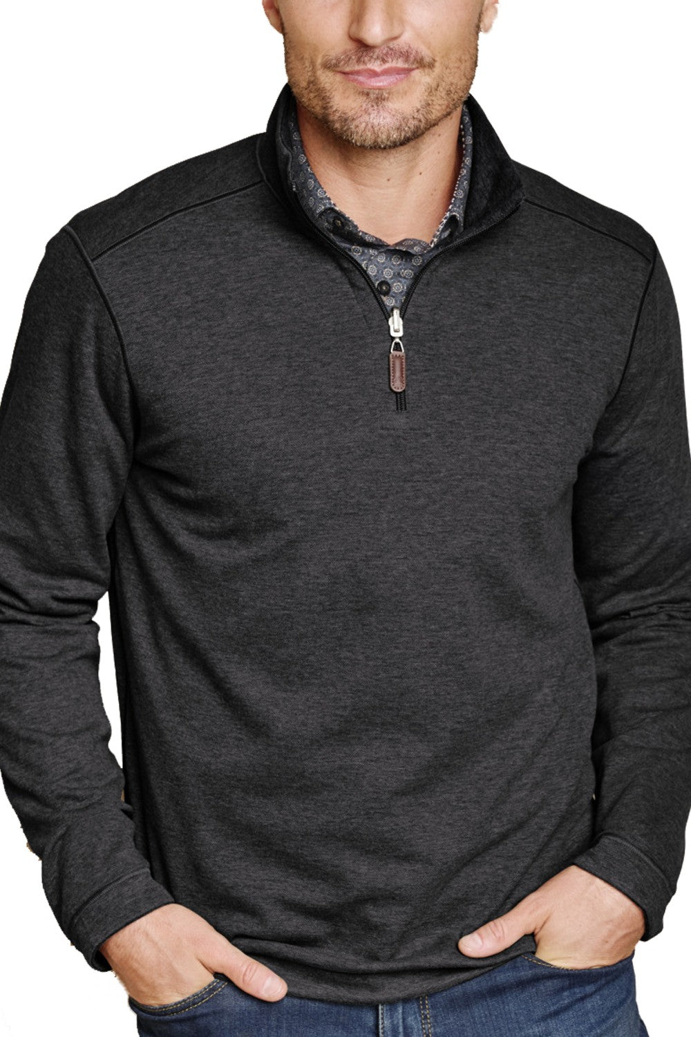 Man wearing a dark gray pullover with a quarter zip design.