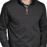 Man wearing a dark gray pullover with a quarter zip design.