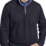Man wearing a navy quarter-zip sweatshirt over a checkered shirt with a white background