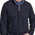 Man wearing a navy quarter-zip sweatshirt over a checkered shirt with a white background