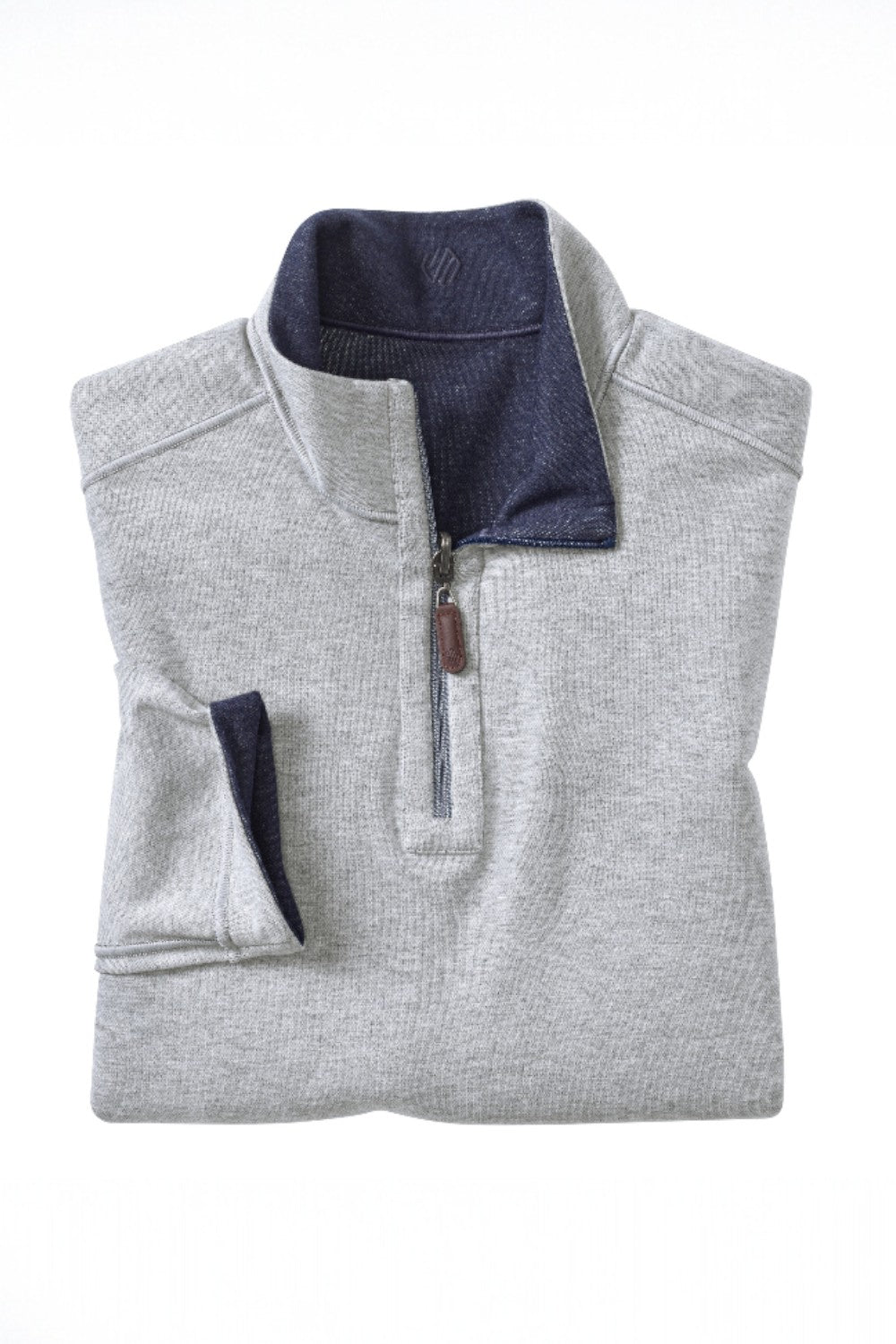 Folded gray pullover with blue collar on a white background