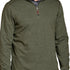 Man wearing a green pullover with a zipper, standing against a white background