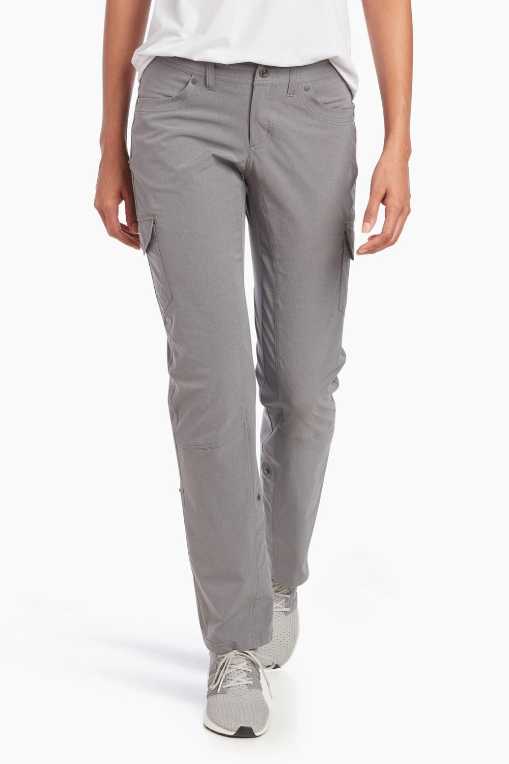 Person wearing gray pants on a white background