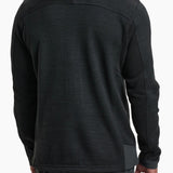 Black long-sleeve jacket worn by a person on a white background
